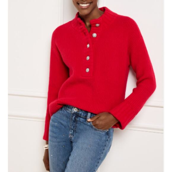 Talbots Jewel Button Henley Pullover Sweater Red Ribbed Wool Blend Cuffed NWT L - Picture 1 of 6